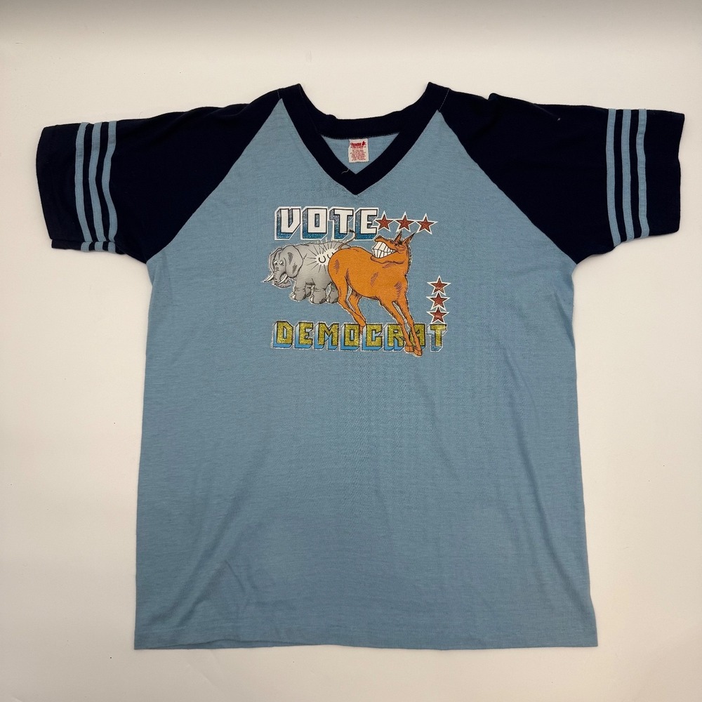 Wolf Vote Democrat Mens Size XL Shirt True Vintage 1970s Political Blue